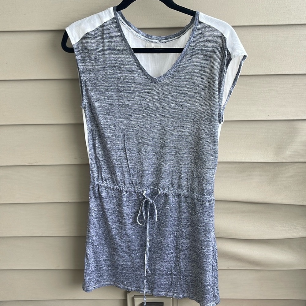 Sundays 100% Linen White Black Striped Sleeveless Drawstring Waist Dress Small‎